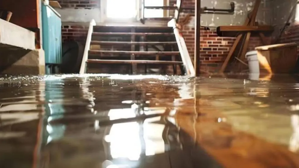 Floodwater covering the floor at the base of a staircase