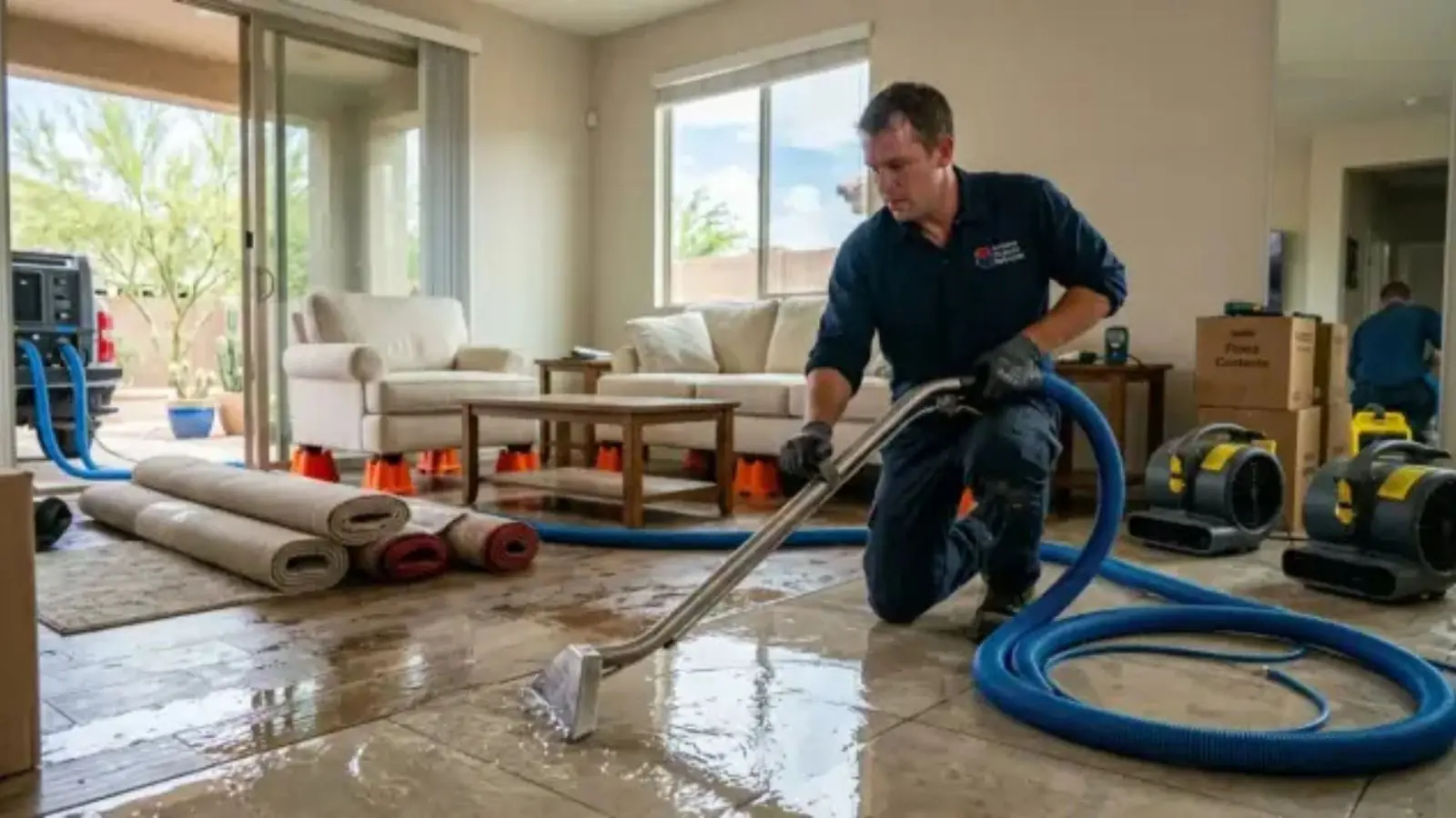Technician running an extraction hose with drying equipment in a living room