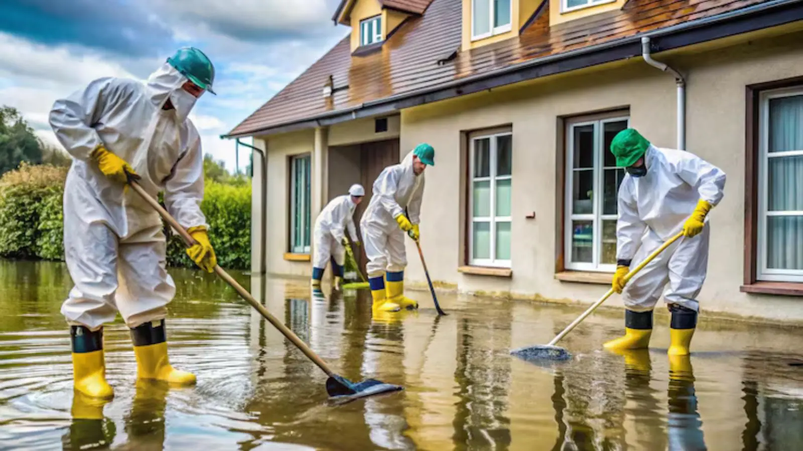 Crew in protective suits and rubber boots cleaning up floodwater outside a house