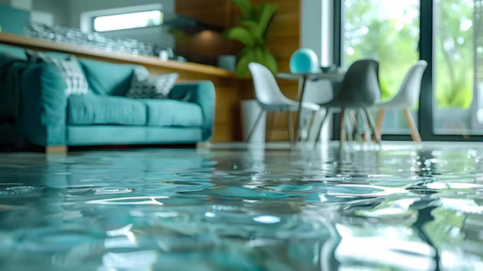 Water covering the floor of a bright living room with a teal sofa