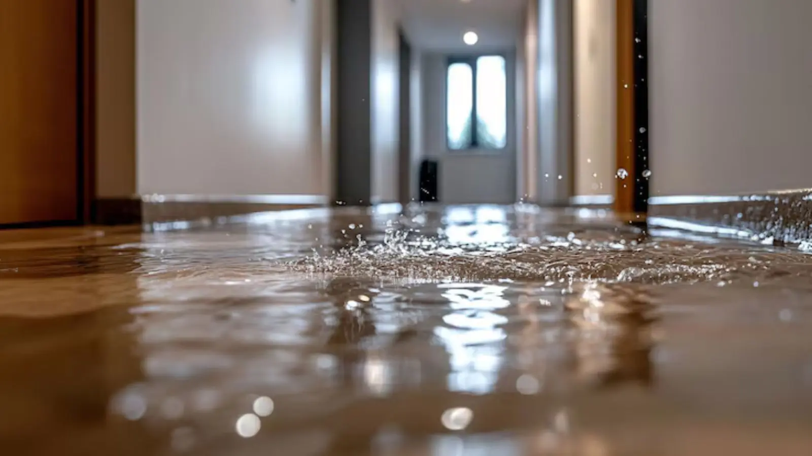 Water splashing across the floor of a hallway