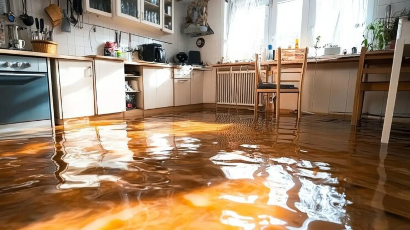 Water standing on a hardwood kitchen floor