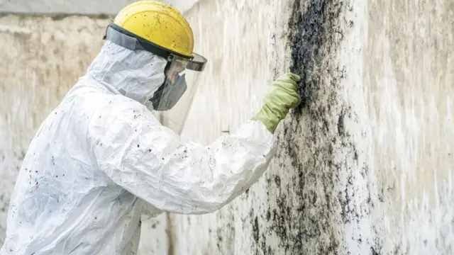 Worker in a protective suit and helmet inspecting a dark-stained wall