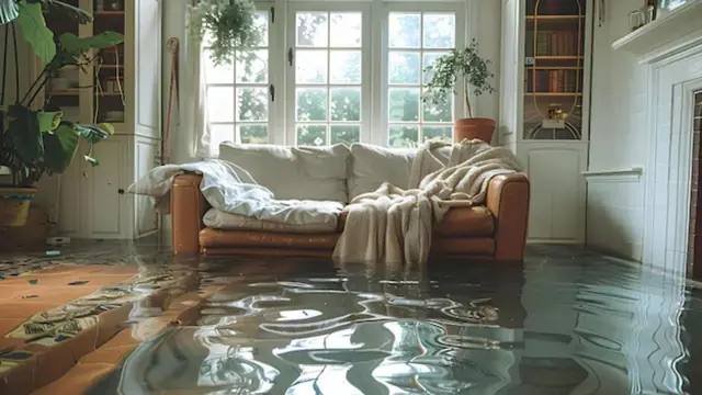 Couch in a flooded living room with water across the floor