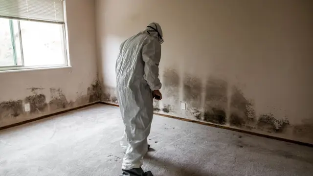 Person in a protective suit inspecting a stained wall in an empty room