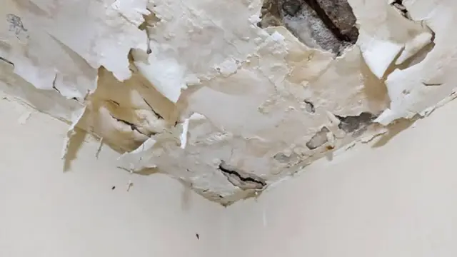 Peeling, water-damaged ceiling paint at a room corner