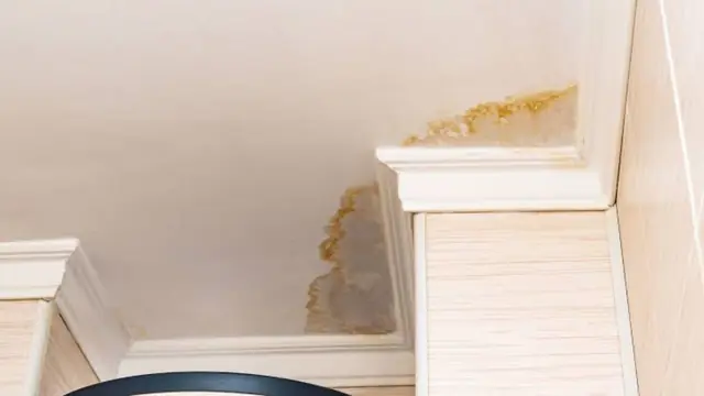 Brown water stain where a ceiling meets the wall