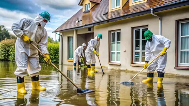Crew in protective suits and rubber boots cleaning up floodwater outside a house