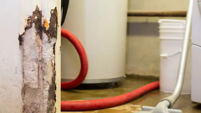 Wet vacuum hose and wand beside a water heater tank